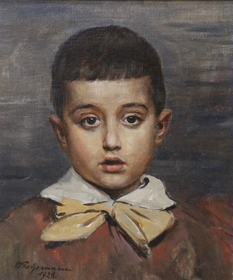 German School, oil on canvas, portrait of a young boy, indistinctly signed and dated 1928, 39 x 33cm.